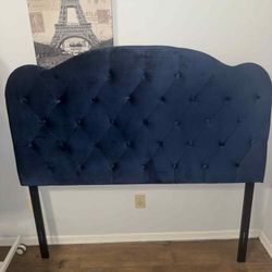 FULL SIZE BED Baxton Studio Clovis Velvet Fabric Upholstered Headboard Navy Blue Full & Metal Bed Frame 