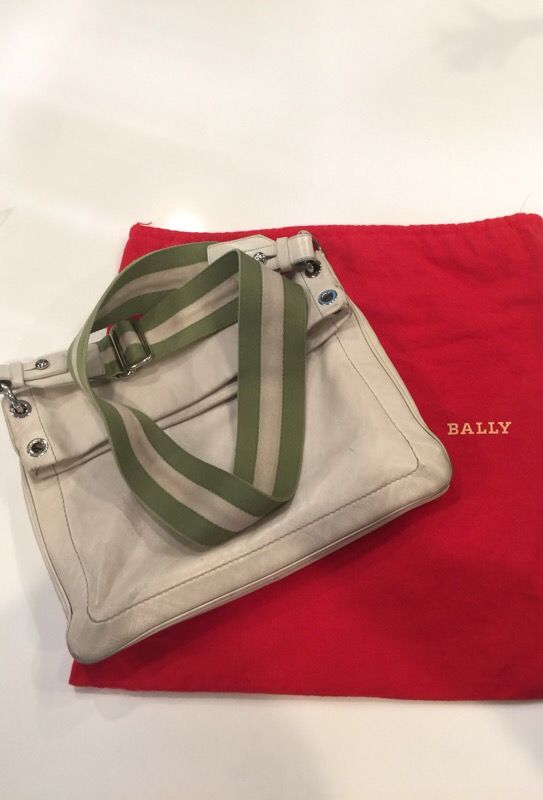 Bally white leather with green strap crossbody messenger bag