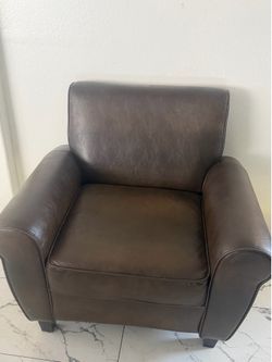 AT HOME FAUX BROWN LEATHER COUCH CHAIR!