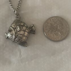 Fish Pendant And Necklace  16 “ Silver Tone