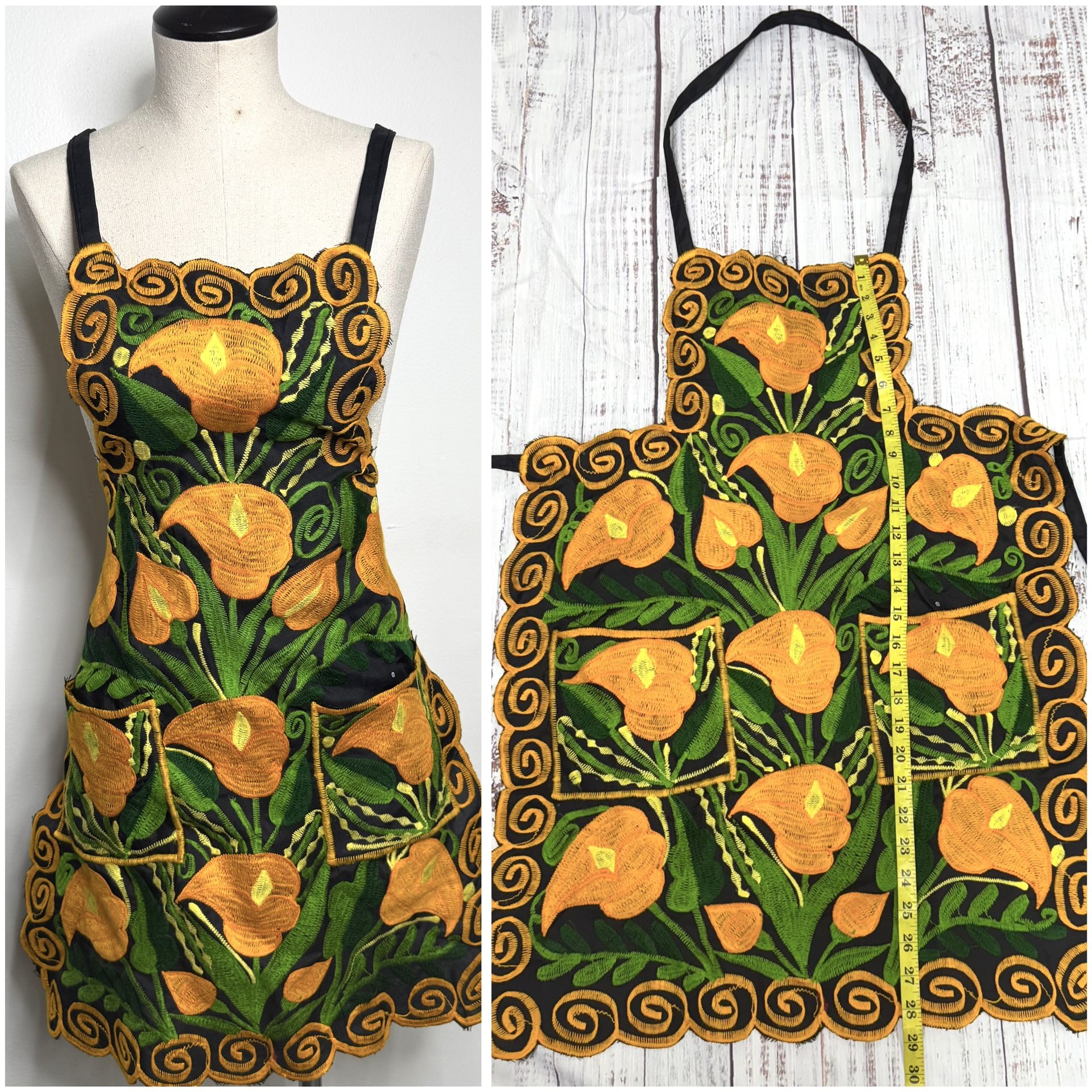 Mexican Embroidered Yellow Calla Lily Zinatacan Apron/ Bordado Mexicano Mandil Flores Amarillas 