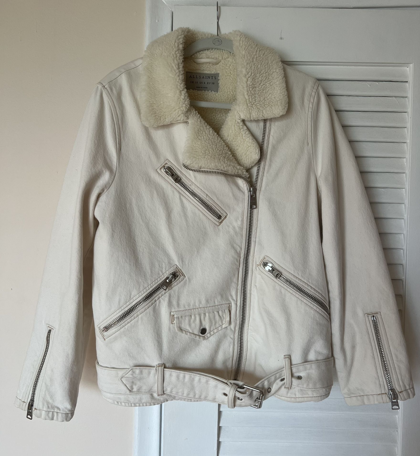 ALLSAINTS Women's Natural White Faux Sherpa Lining Denim Biker Jacket Size US6