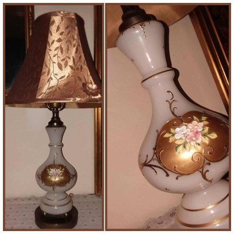 VINTAGE HAND PAINTED FLORAL FLOWER RAISED GOLD PAINTED CZECHOSLOVAKIAN BOHEMIAN MILK GLASS BRASS LAMP W/ BRONZE SILK SHADE CZECH