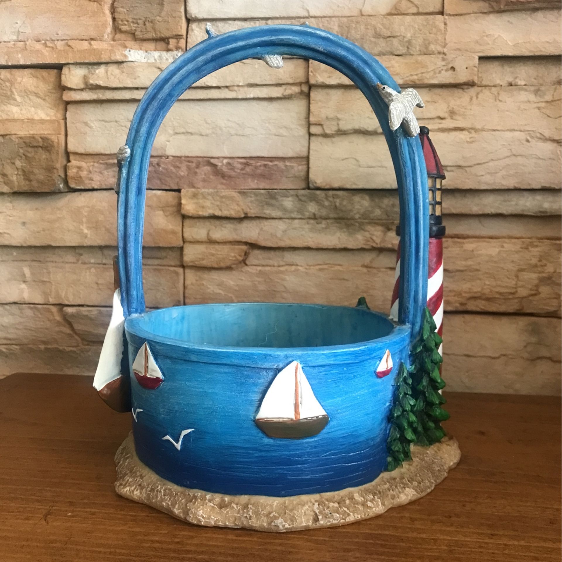 NAUTICAL LIGHTHOUSE, SAILBOATS AND SEAGULLS 10” H RESIN PLANTER