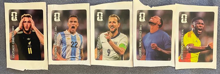 5 2026 Panini FIFA World Cup Stickers - Harry Kane (England), Gabriel Magalaes (Brazil), Lautaro Martinez (Argentina), Santiago Gimenez (Mexico), and 
