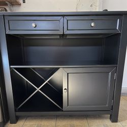 Pottery Barn Black Wood Console Table Bar With Wine Rack & Cabinet