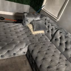 Large Tufted Velvet Sectional - Charcoal Grey