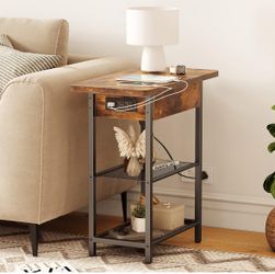 TILLMAO End Table with Charging Station,Narrow Side Table 