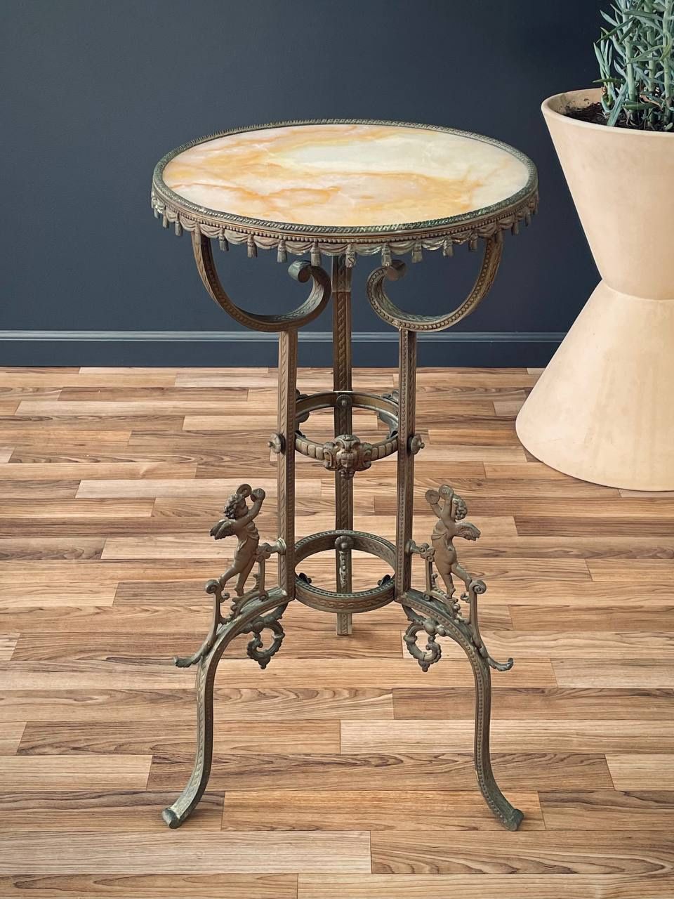 Antique Victorian Style End Table with Angel Motifs & Stone Top, c.1920’s - Delivery Available