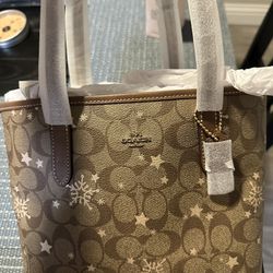 COACH Mini City Tote In Signature Canvas & Leather With Snowflakes Print