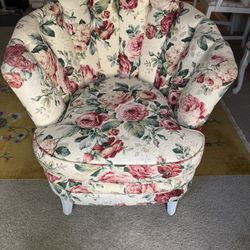 Vintage 1940s Floral  Barkcloth upholstered club chair channel back/tufted yellow/red roses