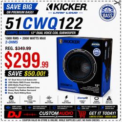 Kicker CWQ12 Bass Speaker 12" Dual Voice Coil Subwoofer 2000 Watts 51CWQ122 CompQ 🚨 Payment Options Available