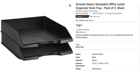 NEW Amazon Basics Stackable Office Letter Organizer Desk Tray - Pack of 2, Black