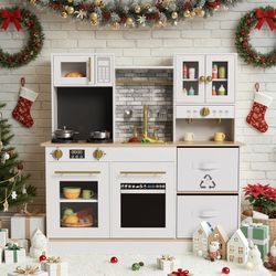 Play Kitchen for Kids, Wooden Toy with Stove That Lights/Sounds When Pan Detected, Includes Disinfection Cabinet, 2 Fabric Boxes & Stainless Cookware(