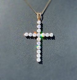 Jewelry 10k yellow gold box chain necklace 18.0” 0.60mm width natural diamond cross 1.50CTW pendant charm