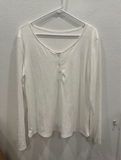 SHEIN Women’s Ribbed Henley Tee White Tshirt Long Sleeve Shirt Large
