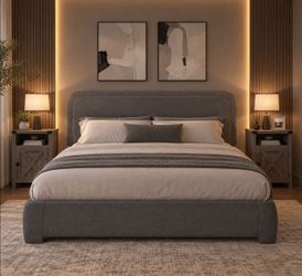 Set of 3 Queen Bed Frame Cloud Boucle with 2 nightstands. Grey
