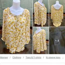 Terra & Sky 1X (16W-18W) Smocked Convertible Off Shoulder Blouse Mustard Yellow White Top