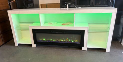 94.5" Extra Long Fireplace TV Stand with 50" Electric Insert, Modern High Gloss Entertainment Center for Up to 100" TVs, Media Console with Color-Chan