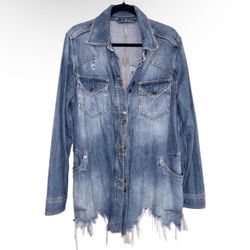 Size Medium Free People Oversized Distressed Denim Shirt Jacket