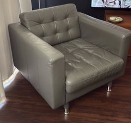 IKEA MORABO Leather Armchair – Gray Green / Chrome Legs