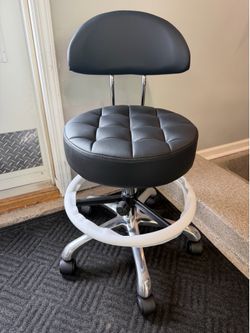 Brand New Black/Chrome Height Adjustable Rolling Stool w/Foot Ring