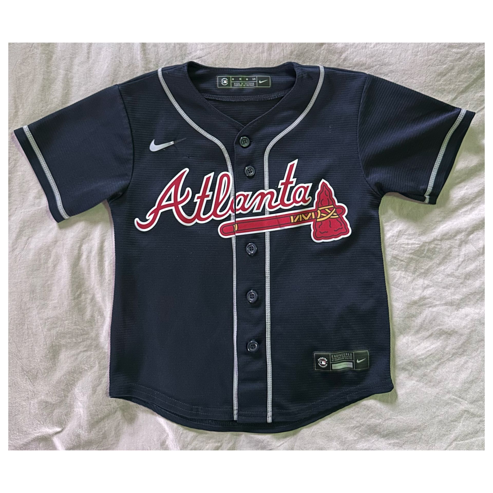 Size M (5/6): Kids Atlanta Braves Ronald Acuña Jr. Nike Navy Player Jersey