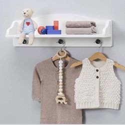  IKEA SOLGUL wall shelf with three hooks. shelf measures approximately 23 5/8" (60 cm) in width, 7 1/2" (19 cm) in height, and 6 3/4" (17 cm) in depth