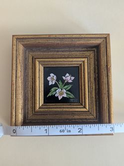 Signed Miniature Floral Painting in Gold Frame - vintage by Jeanne Raifel, 3"x3"