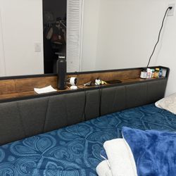 Queen Bed Frame With Built-In Shelf & Charging Ports – Excellent Condition