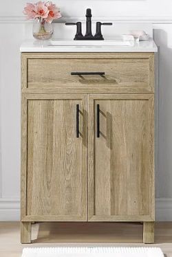 A000262A Style Selections Dolton 24-in Light Natural Oak Undermount Single Sink Bathroom Vanity with White Engineered Marble Top " Broken Countertop"