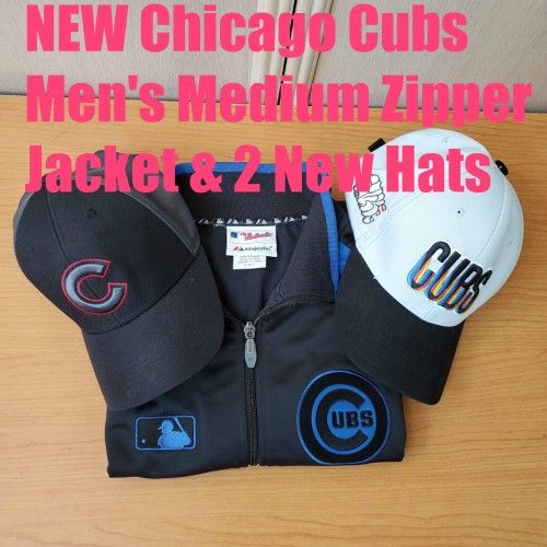 NEW Chicago Cubs Majestic Men's Medium Full Zipper Jacket 2 Hats Budweiser Rainbow Cap