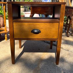 Light Brown Mission Style With Brass Handle Drawer And Opening Side Table Ideal For A Petite Living Room Or A Nightstand.