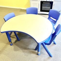 Daycare Ideal Activity Table: 35"W x 65"L Half-Moon Plastic Height Adjustable Activity Table Set with 4 Chairs