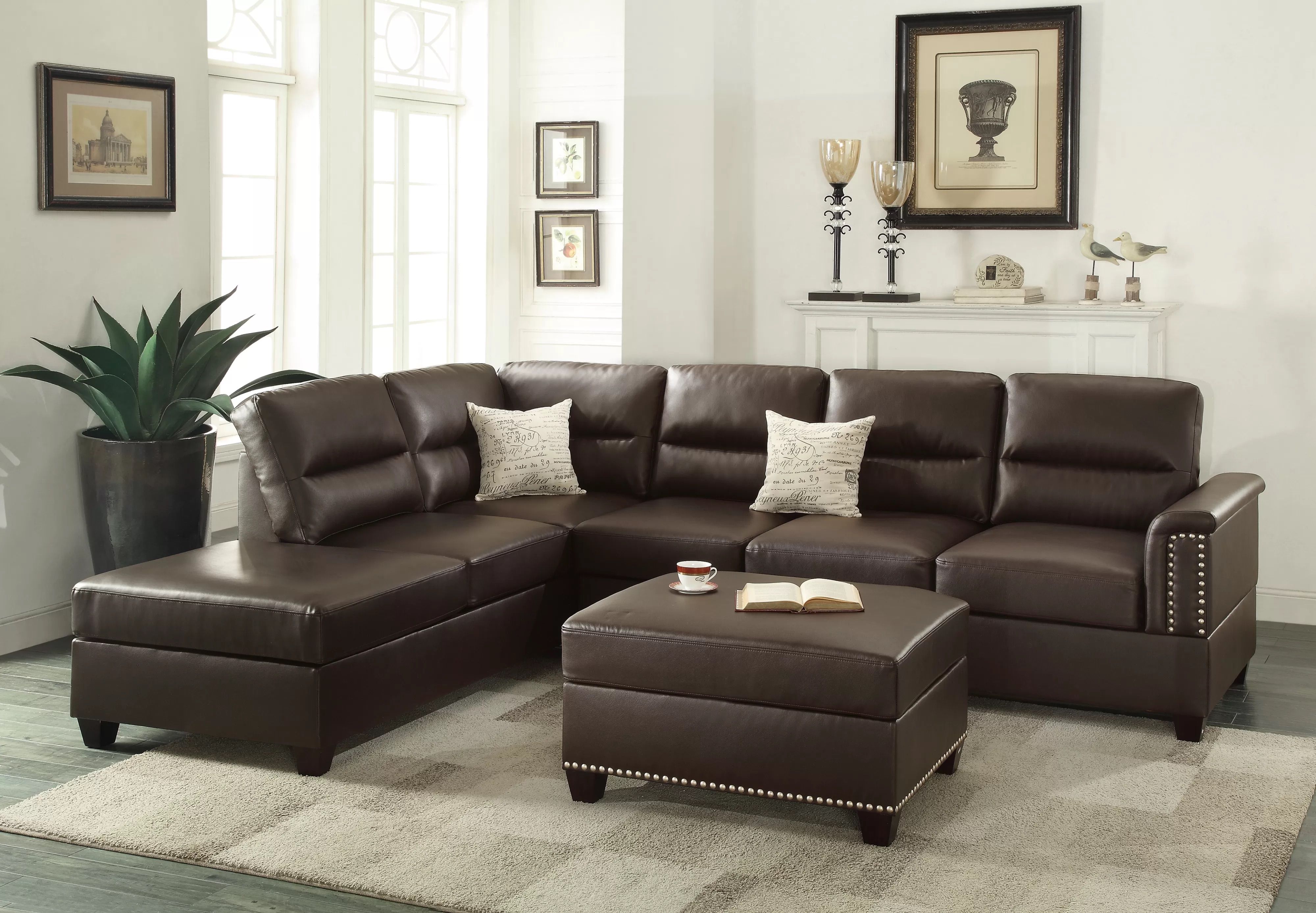 Brown Leather Sectional With Ottoman