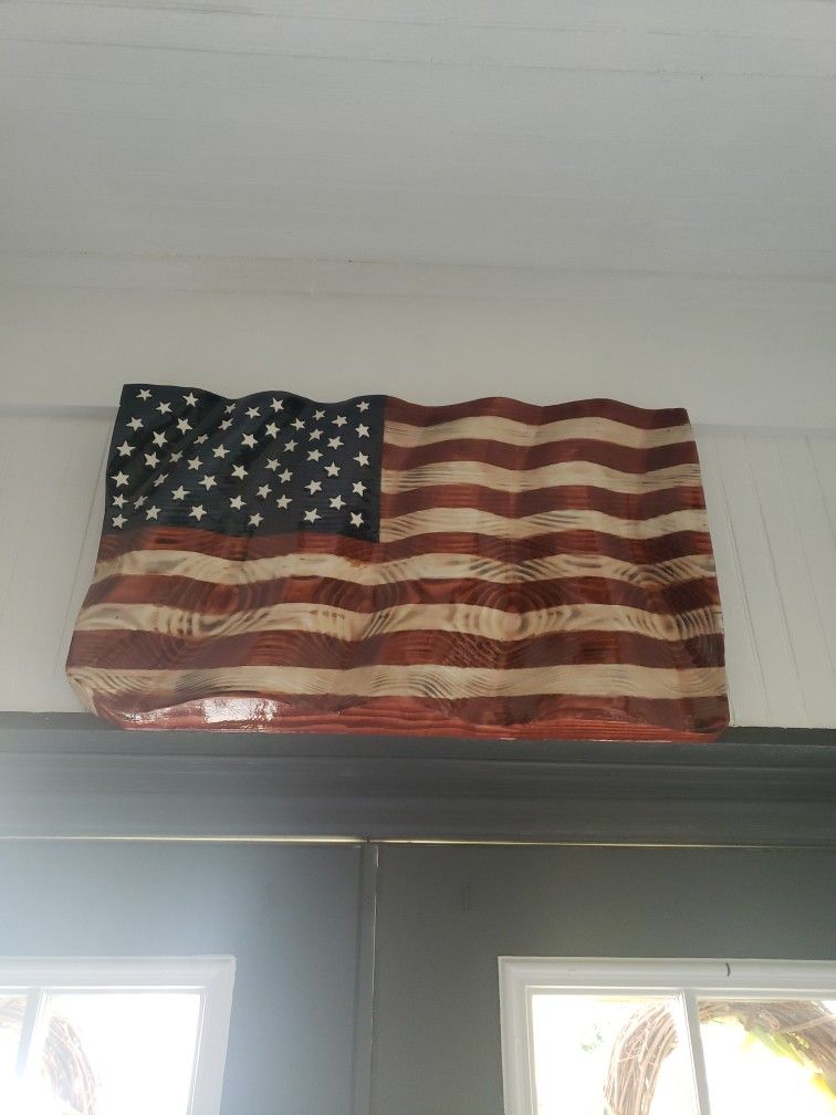 Handmade Wooden Flag 17 X 28 X 2 Inches Thick .
