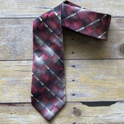 Pierre Cardin Men's Burgundy Gray Black Geometric Plaid Necktie with Tie Chain