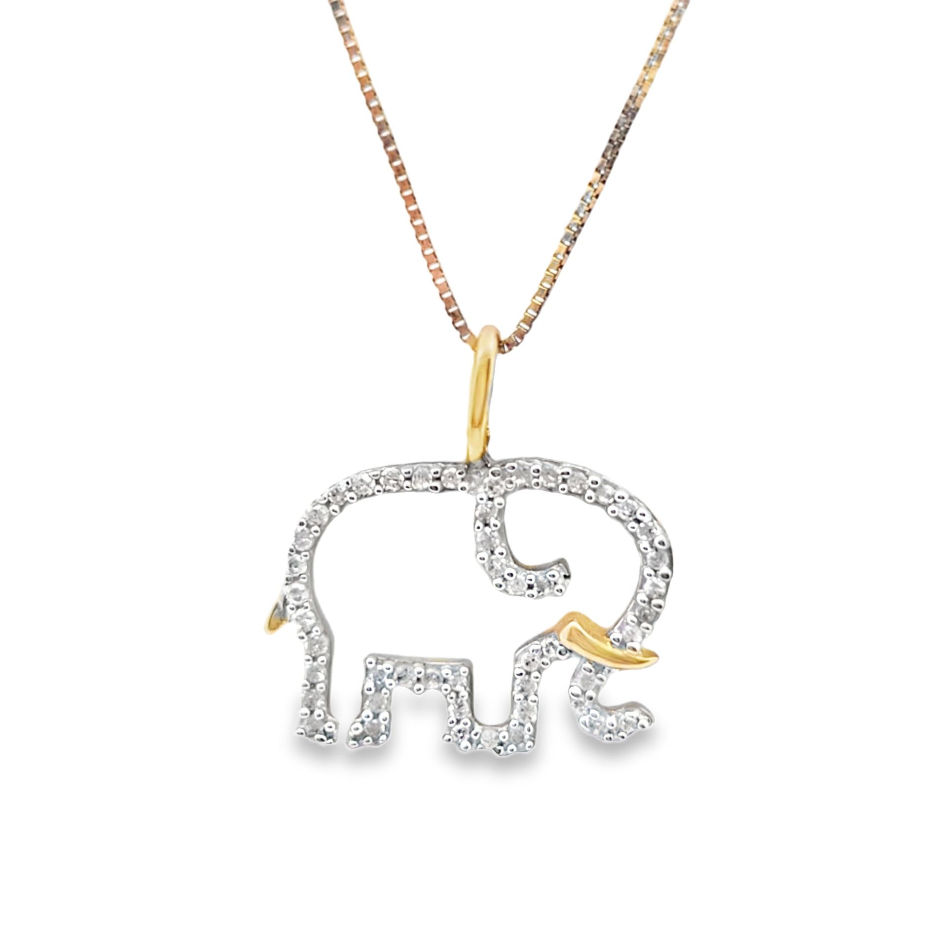 10k Yellow & White Gold Diamond Accent Elephant Charm Necklace 1/6 ctw