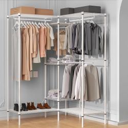  70-Inch Portable Freestanding Closet Wardrobe Adjustable Garment Rack with Shelves Heavy-Duty Clothing Rack, White