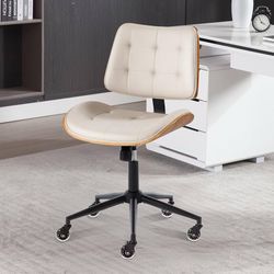 Office Desk Chair with Wheels, Adjustable Height Armless Office Chair, PU Leather Mid Back 360° Small Computer Chair, Modern Walnut Chair No Arms for 