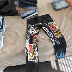 Embellish NYC graphic / hand-painted jeans, Devil/Harv 36x32 