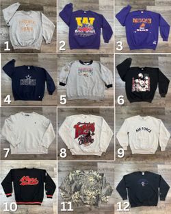 12 Items: Vintage 90s Sweatshirts, Nebraska, Phoenix Suns, Washington Huskies, Cowboys, Broncos, Polo, Indians, Air Force, 49ers, Camo, Diamondbac