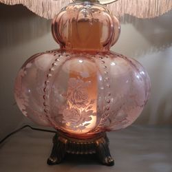 Beaded Floral Victorian Pink Table Lamp & Shade -Vintage Mid 20th Century 3 Way