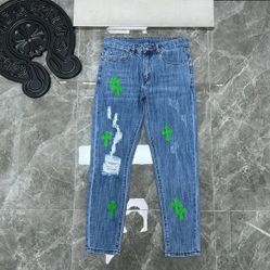 Chrome Hearts x Levis Green Leather Patch Frayed Bottom Jeans
