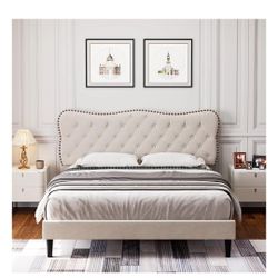 Homfa Queen Size Bed Frame, Linen Upholstered Platform Bed with Button Tufted Adjustable Headboard for Bedroom, Beige