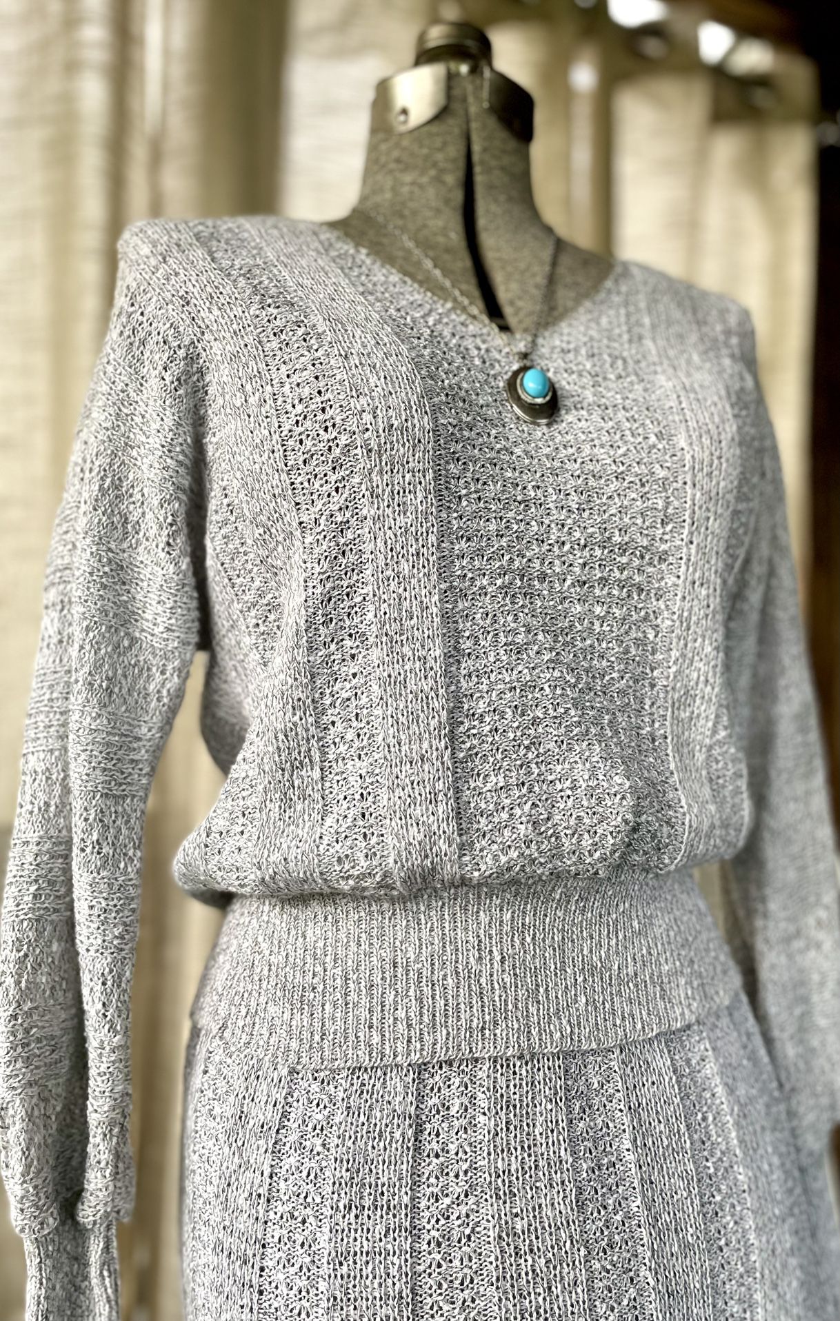 1990s Ami Open Knit Grey Sweater and Skirt Set in Heather Grey with Silver Thread Detail  