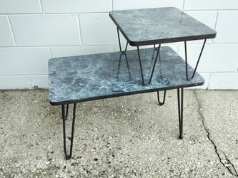 Vintage Step Back End Table with Faux Marble Laminate Top and Original Hair Pin Legs.  See Description