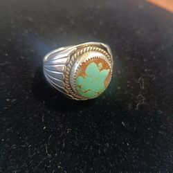 Turquoise And Copper Inlay In Stone  On Silver Ring