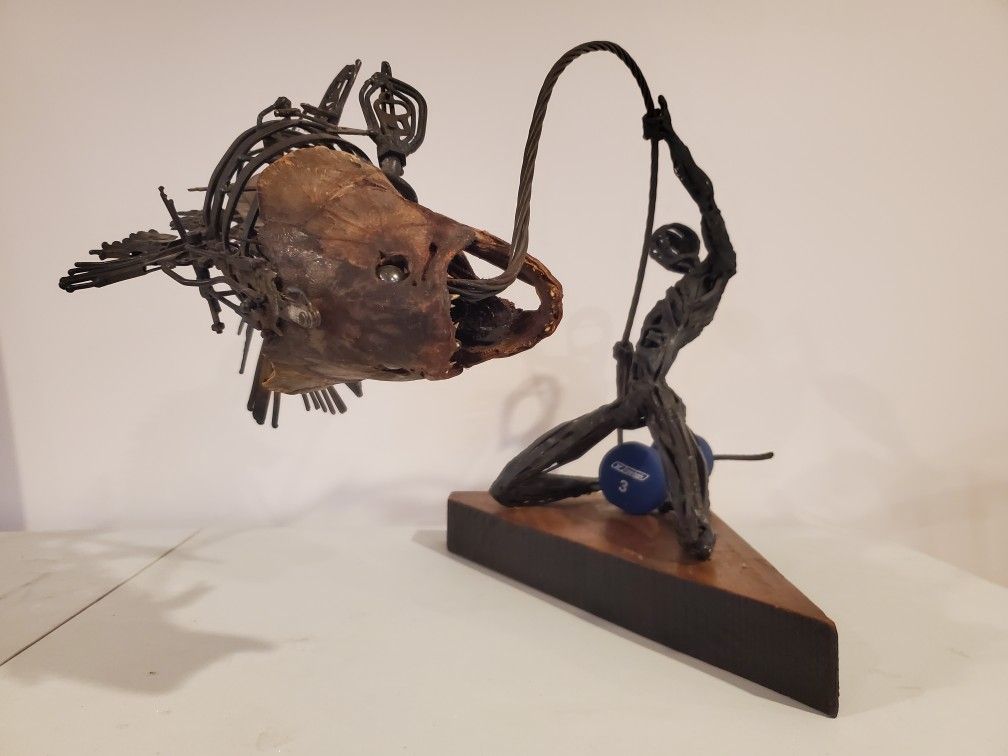 Wrought Iron Sculpture Of Man Catching Fish Fishing Steampunk