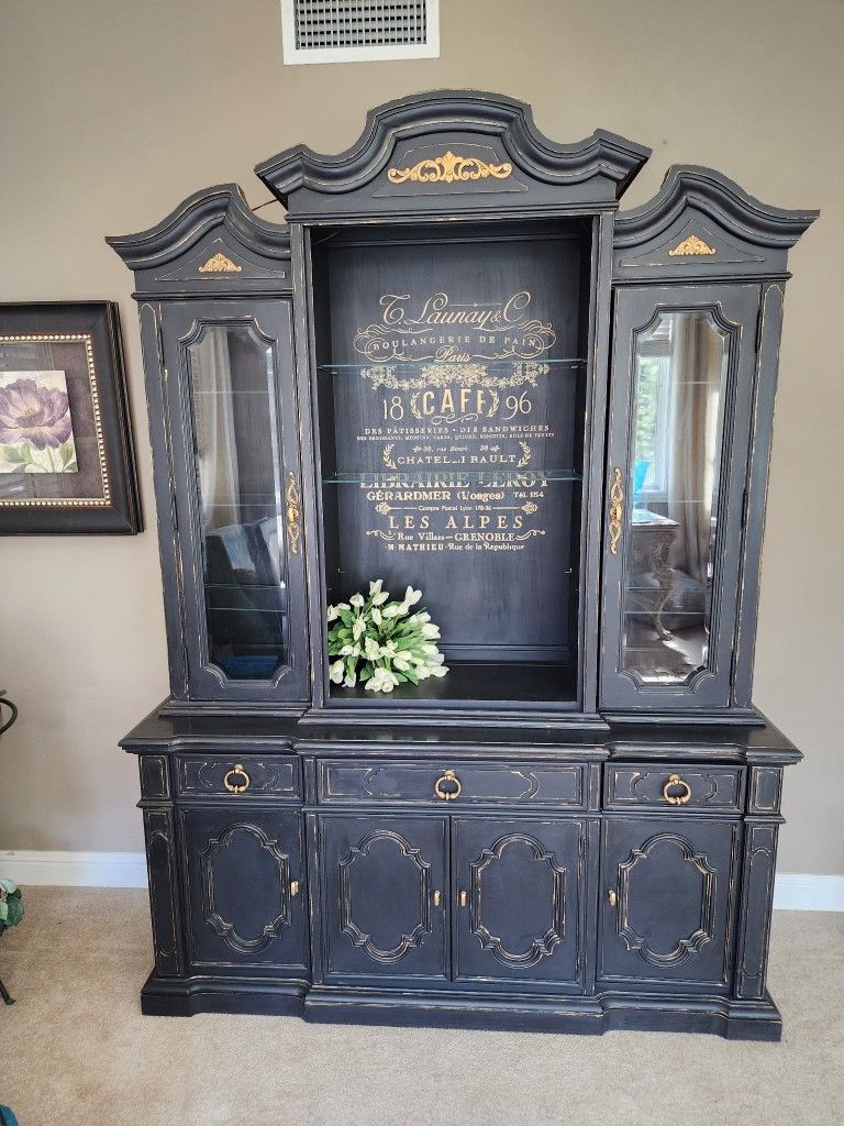 Vintage Refurbished French Country Black & Gold China Cabinet Hutch